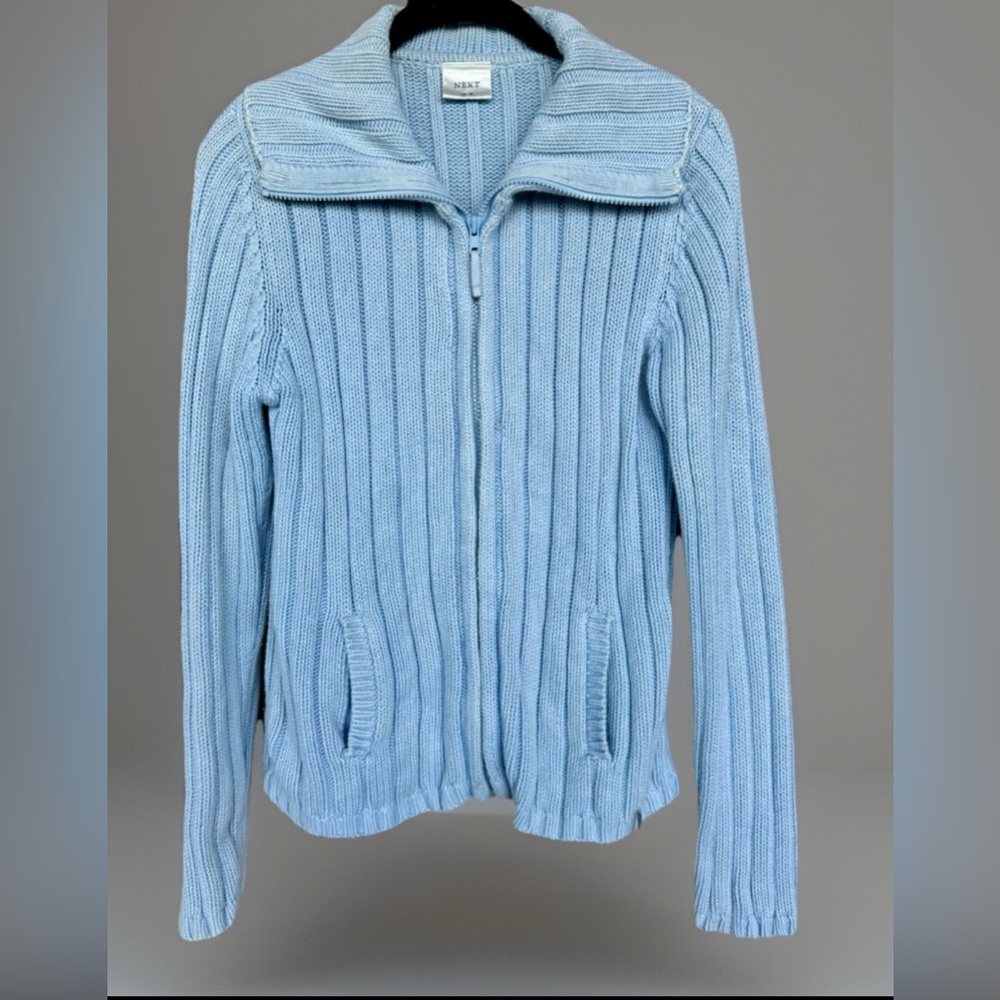 Next Womens Long Sleeve Full Zip Ribbed Knit Cardigan Blue Pockets US 10/UK 14